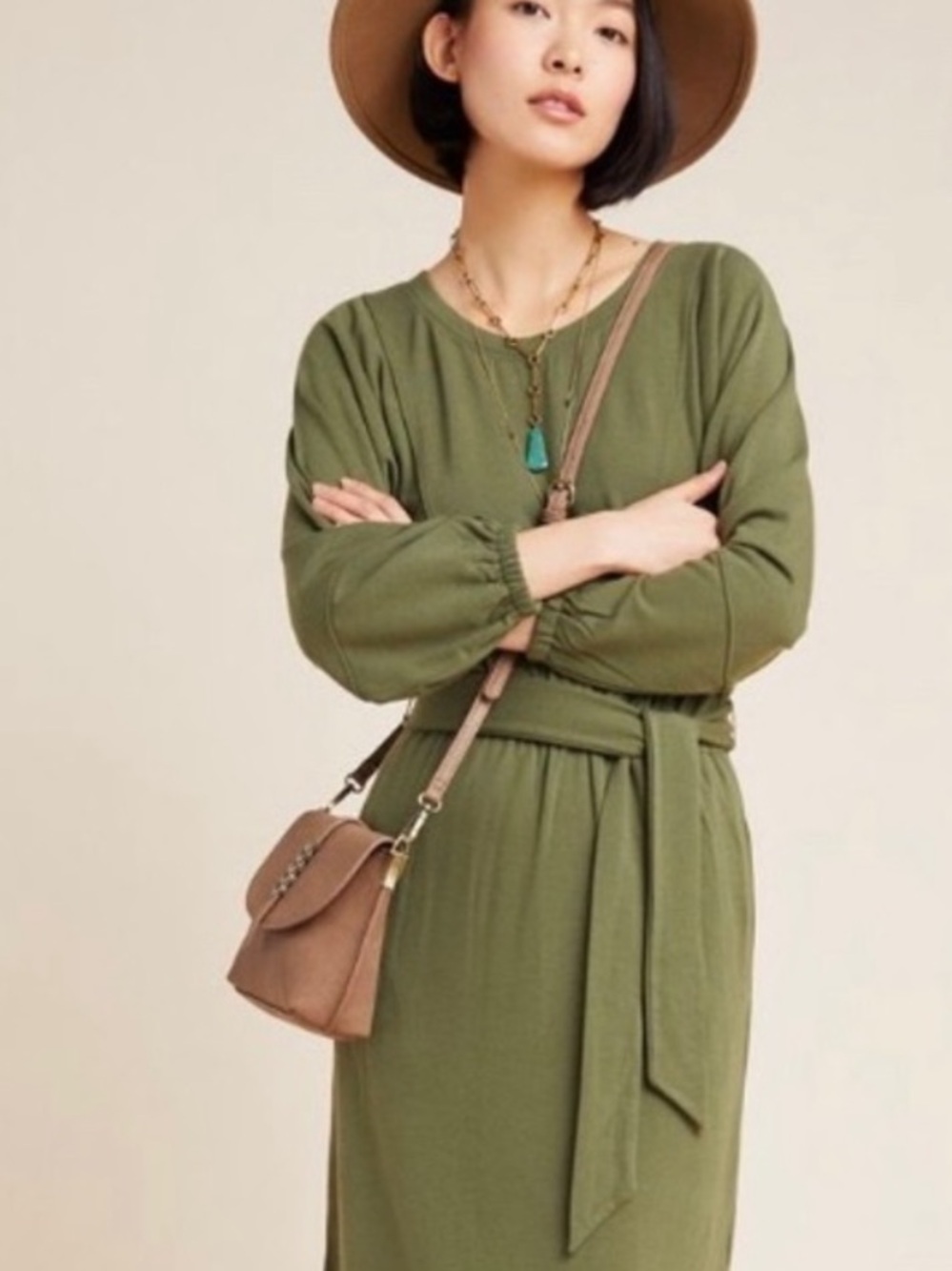 Anthropologie Thalia Midi Dress Soft Stretchy Army Green Boho Size M Aesthetic - Picture 3 of 5